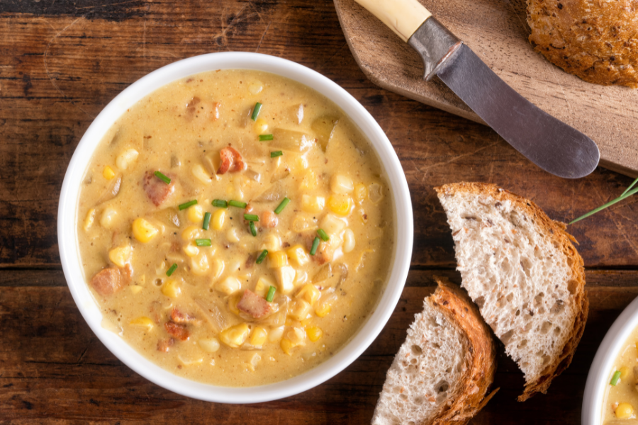 Sweet Corn and Shrimp Soup with Smoky Bacon