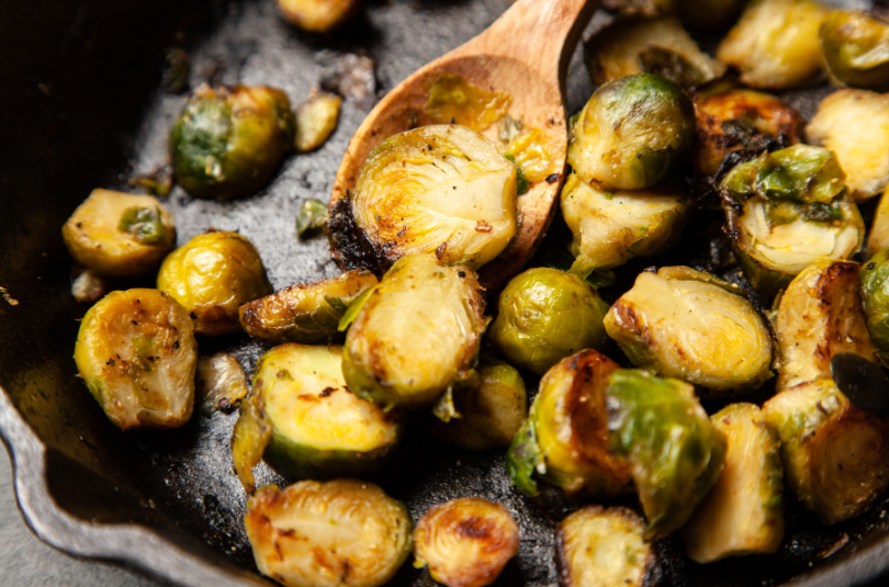 Cast Iron Brussels Sprouts with Bacon and Cranberry Balsamic