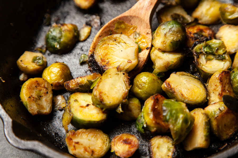 Cast Iron Brussels Sprouts with Bacon and Cranberry Balsamic