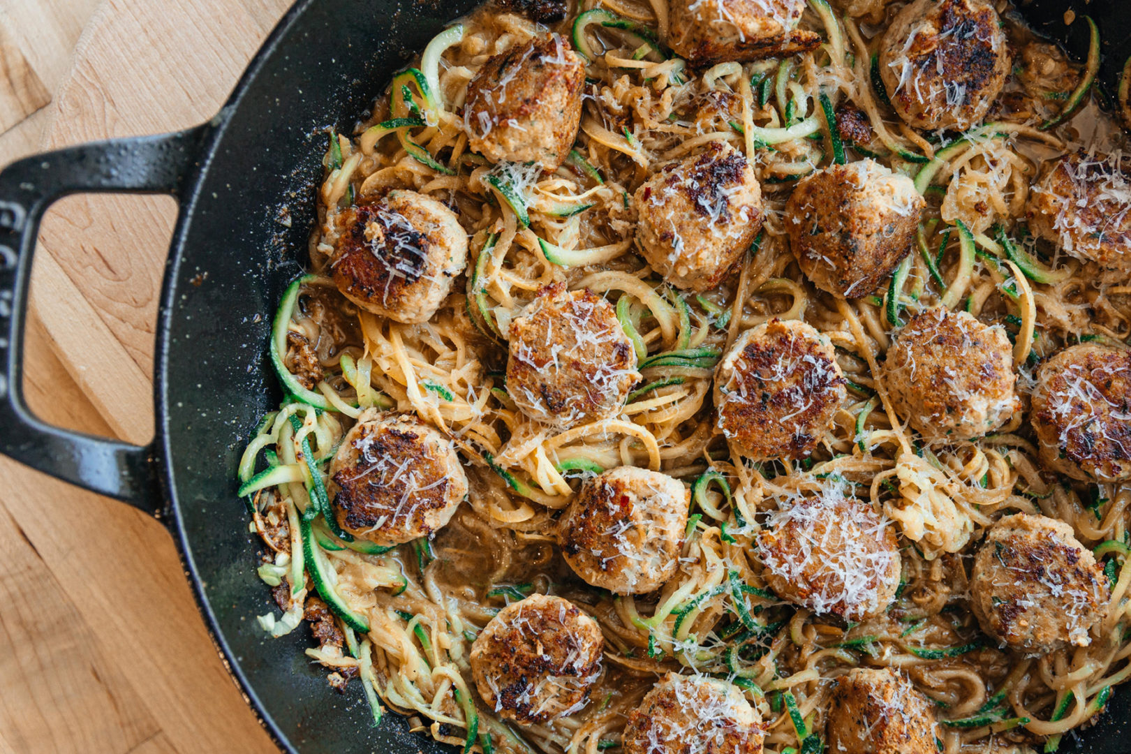 Keto Chicken Meatballs with Browned Butter Zoodles and Manchego