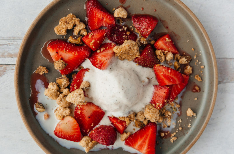 Louisiana Strawberries with Ice Cream and Salted Pistachio Cookie Crumble