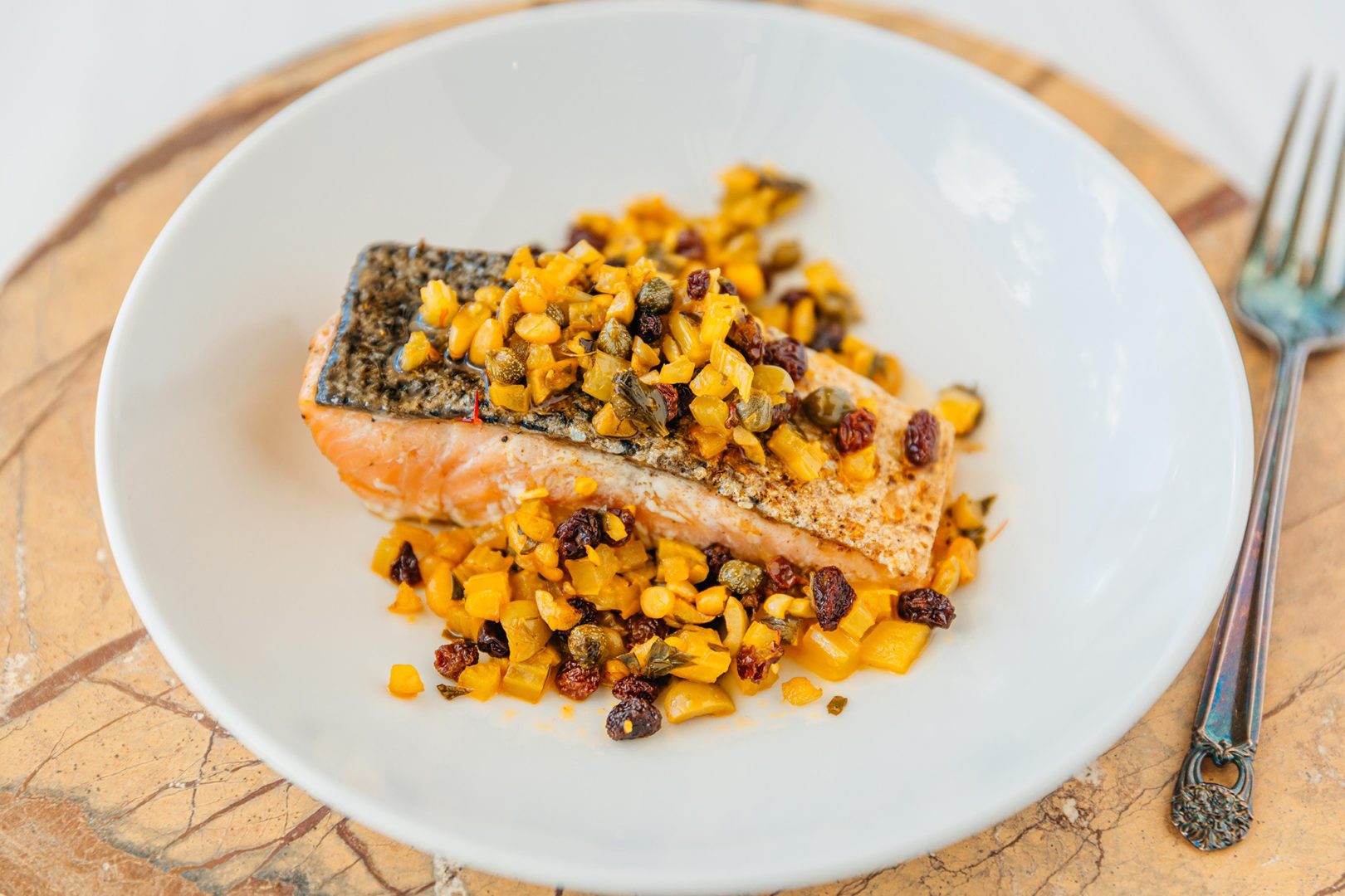 Seared Salmon with Pine Nut & Currant Salsa