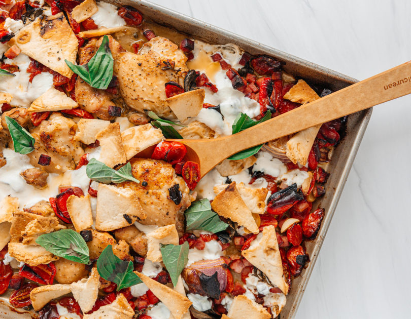 Sheet Pan Pizza Chicken with Pancetta, Mozzarella & Spicy Tomatoes