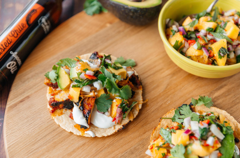 mango chipotle chicken tacos with mango salsa