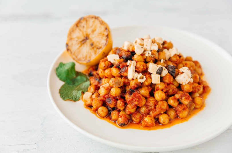 Braised Curried Chickpeas with Feta