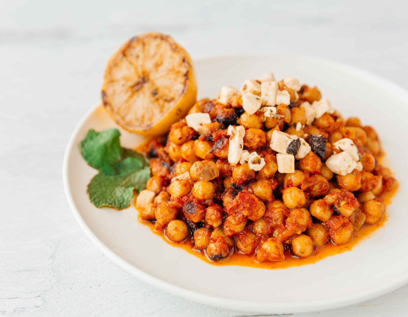 Braised Curried Chickpeas with Feta