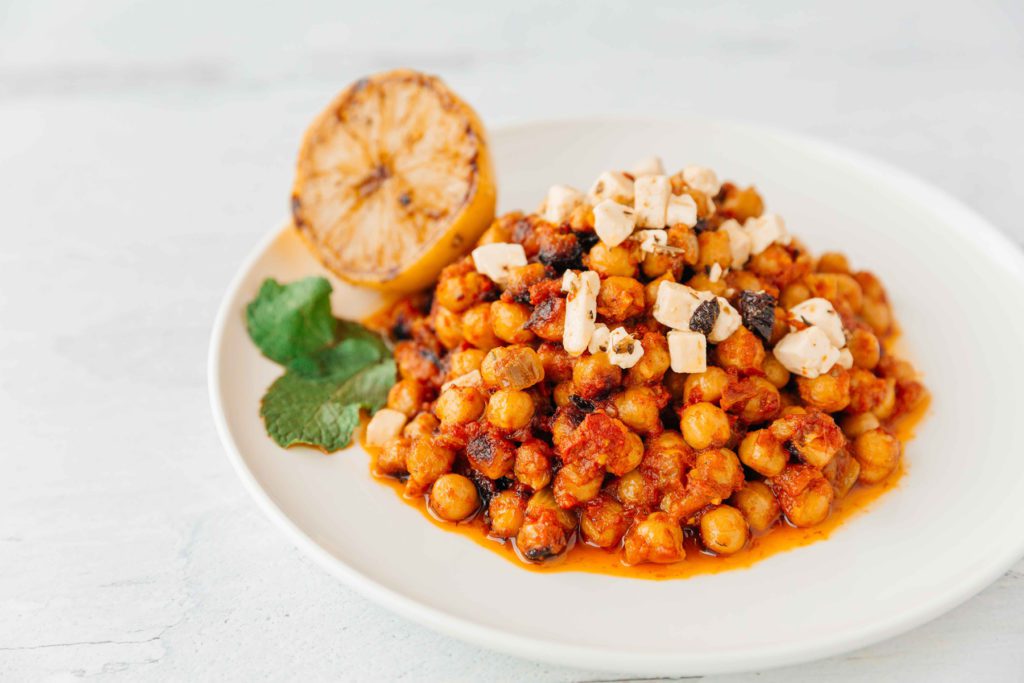 braised curry chickpeas with feta and lemon