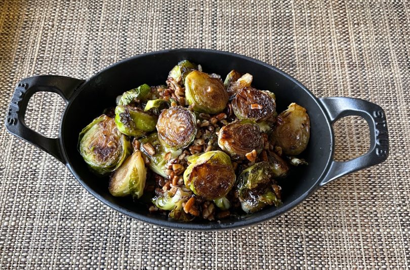 CRISPY BRUSSELS SPROUTS WITH BOURBON PECAN GLAZE