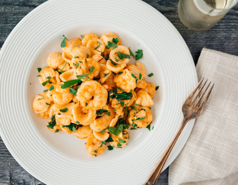 SHRIMP WITH ORECCHIETTE WITH WILTED GREENS