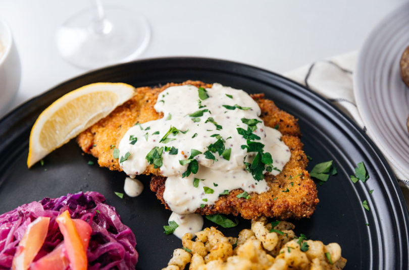 PORK SCHNITZEL WITH MUSTARD CREAM SAUCE