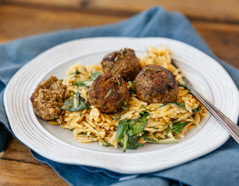 Chicken Meatballs with Garlicky Orzo