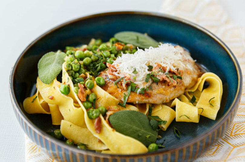 PORK SALTIMBOCCA WITH SPRING PEAS