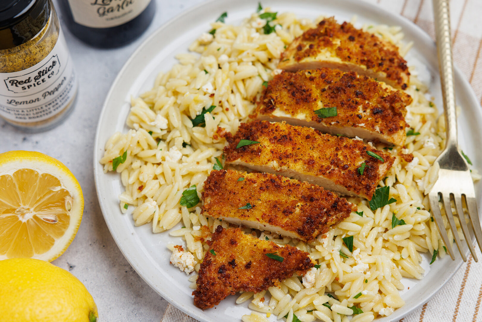 CRISPY CHICKEN CUTLETS WITH LEMONY ORZO & FETA