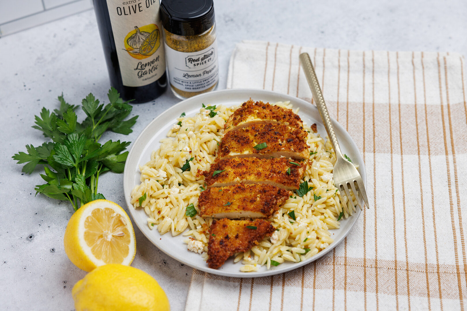 CRISPY CHICKEN CUTLETS WITH LEMONY ORZO & FETA