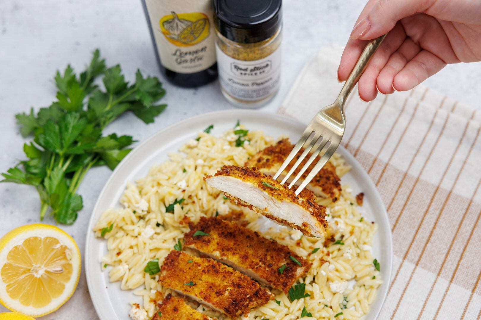 CRISPY CHICKEN CUTLETS WITH LEMONY ORZO & FETA