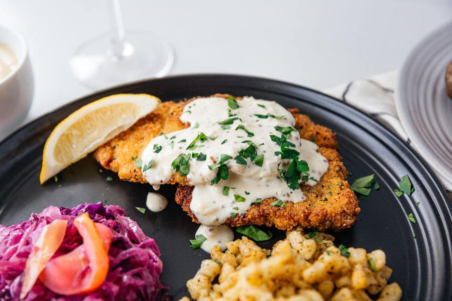 PORK SCHNITZEL WITH MUSTARD CREAM SAUCE