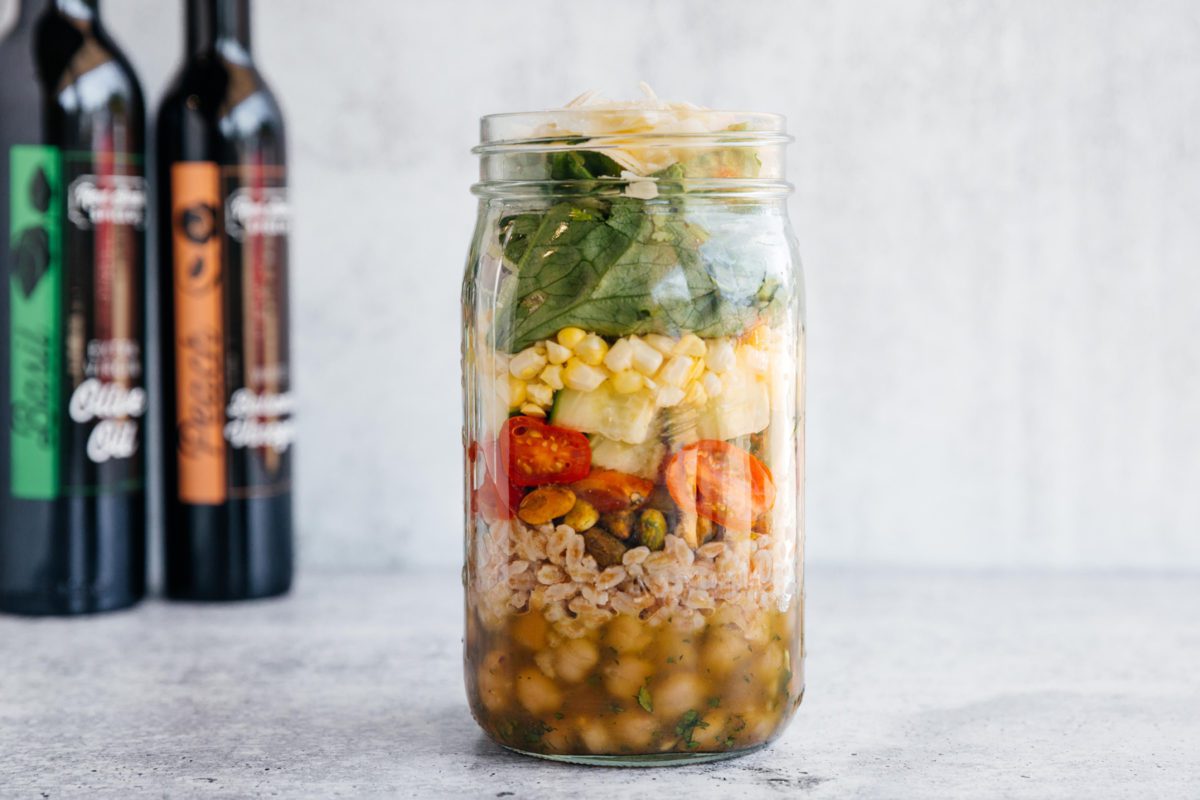 Salad In A Jar with Peach Basil Vinaigrette