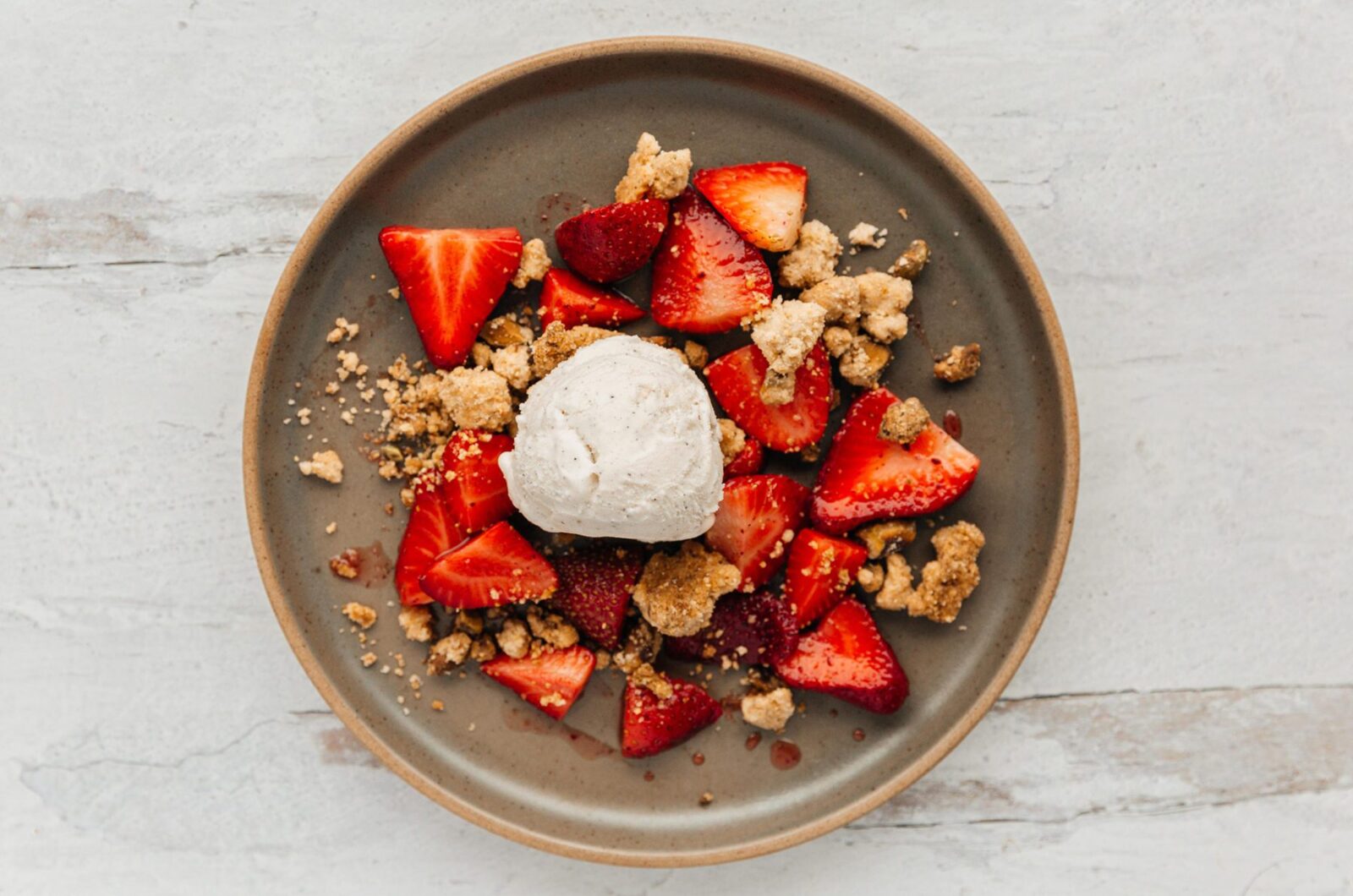 Louisiana Strawberries with Ice Cream and Salted Pistachio Cookie Crumble