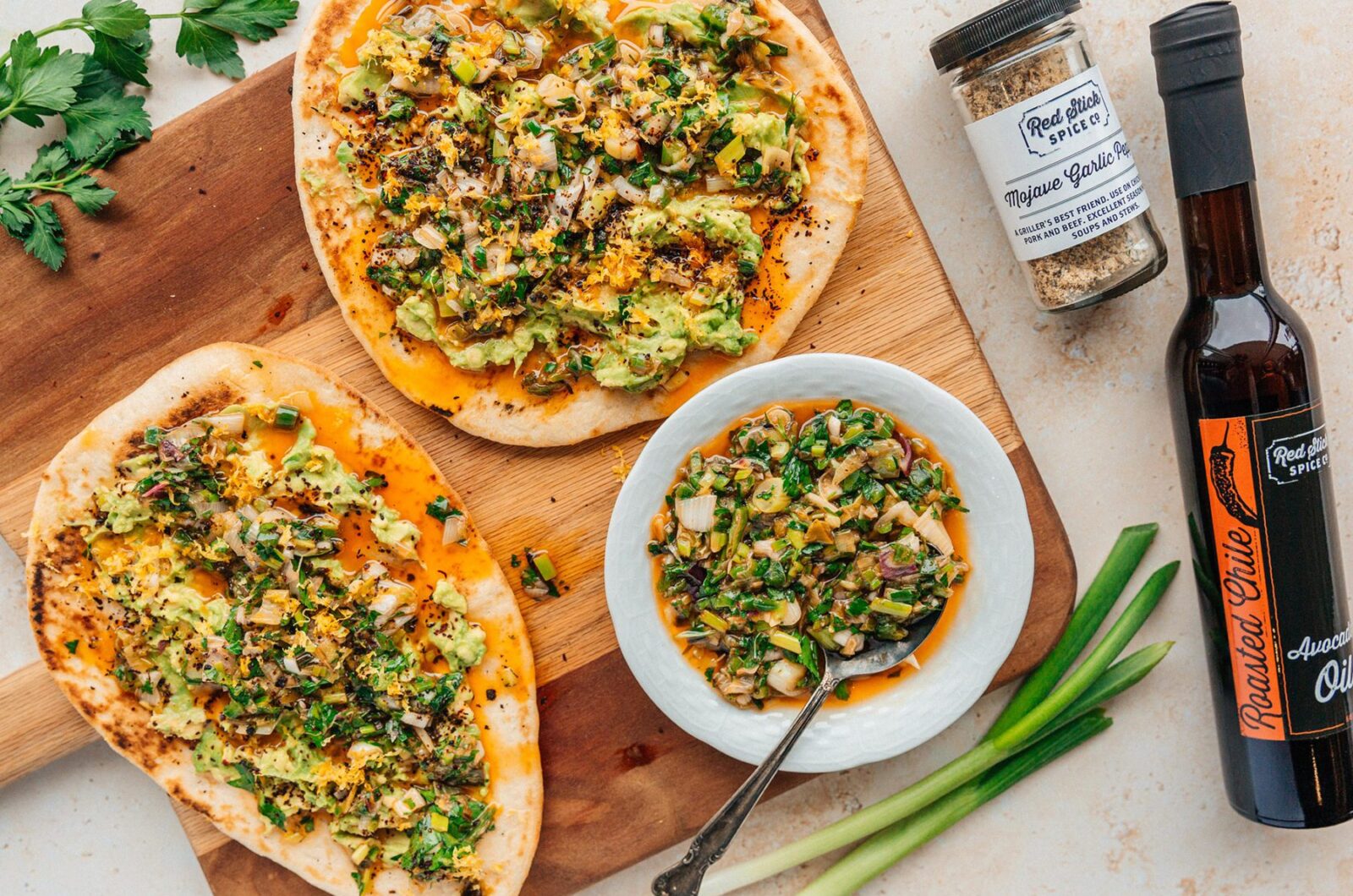 Avocado Flatbread with Roasted Chile Scallion Salsa