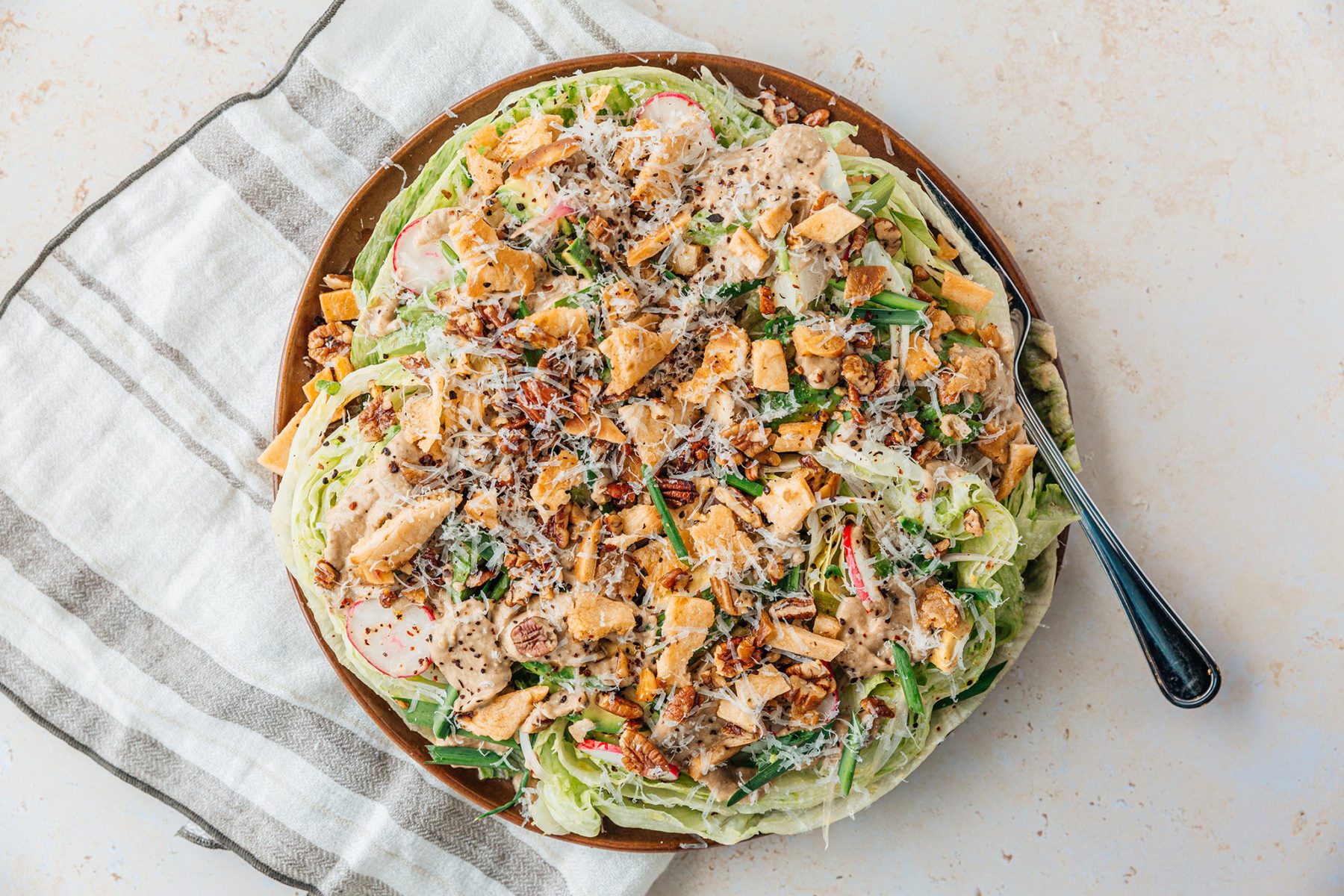 ICEBERG SALAD WITH EGGPLANT CREAM AND CRUNCHY HARISSA PECANS Recipe | Red Stick Spice