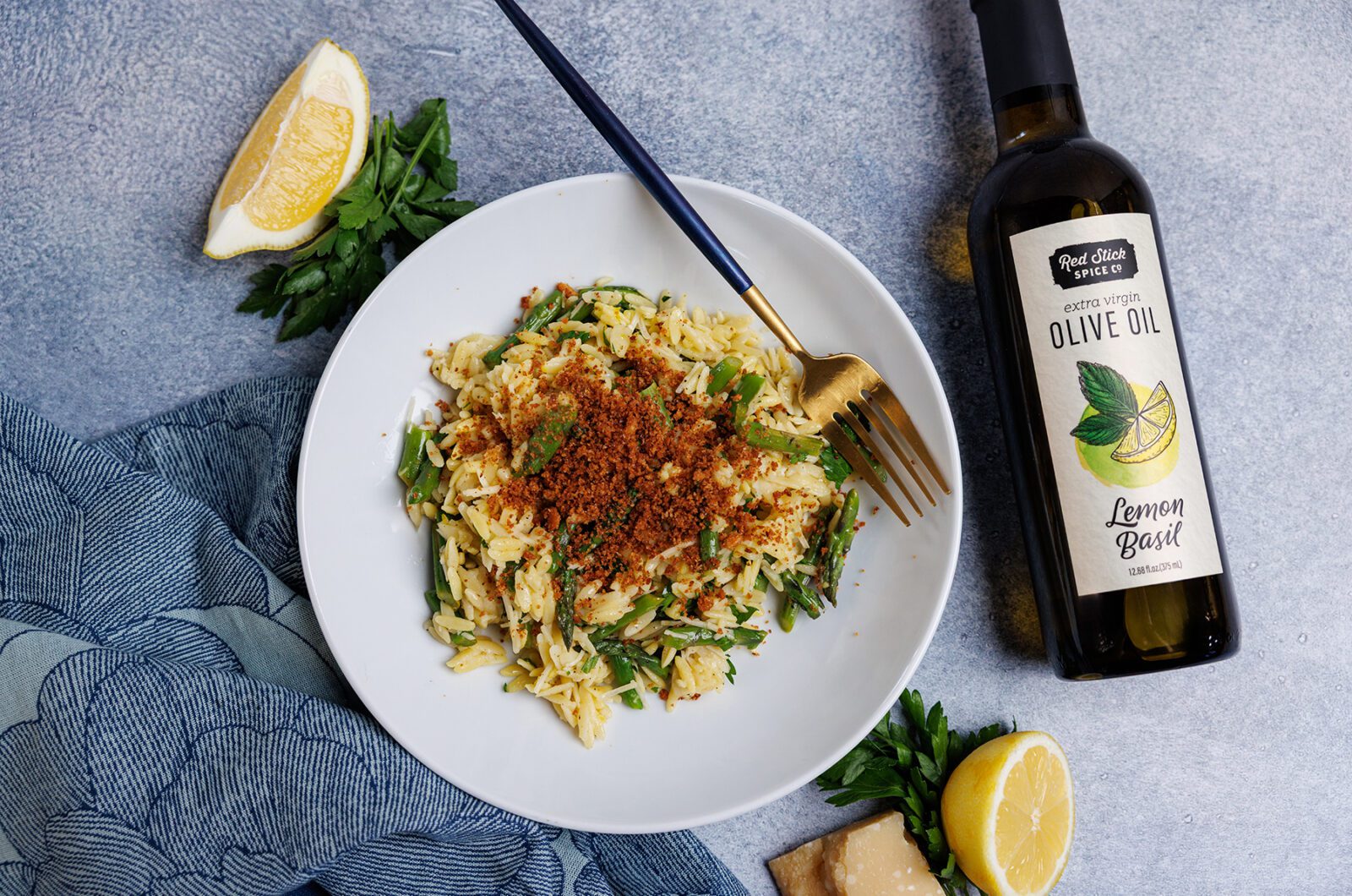 LEMON BASIL ORZO WITH ASPARAGUS AND SOURDOUGH BREADCRUMBS